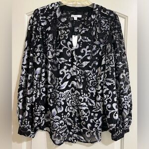 NWT Chico's Elegant Black Silver Velvet Burnout Floral Blouse Size 1 Medium (8)